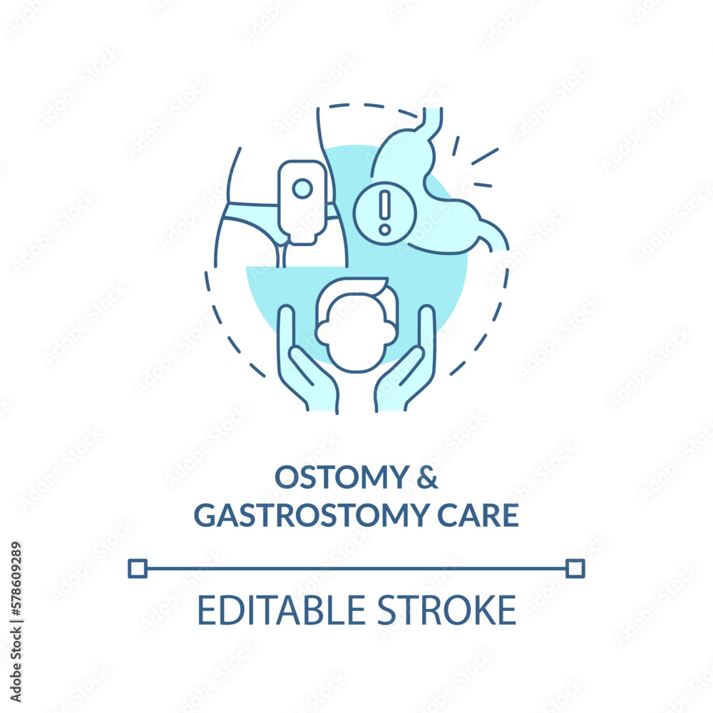 Ostomy and gastrostomy care blue concept icon. Private duty nursing care abstract idea thin line illustration. Isolated outline drawing. Editable stroke. Arial, Myriad Pro-Bold fonts used Ostomy and gastrostomy care blue concept icon. Private duty nursing care abstract idea thin line illustration. Isolated outline drawing. Editable stroke. Arial, Myriad Pro-Bold fonts used
