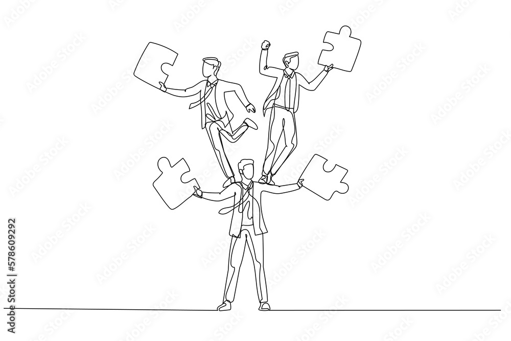 Drawing of businessman juggling puzzle from human tower. Concept of teamwork. Single continuous line art style Drawing of businessman juggling puzzle from human tower. Concept of teamwork. Single continuous line art style