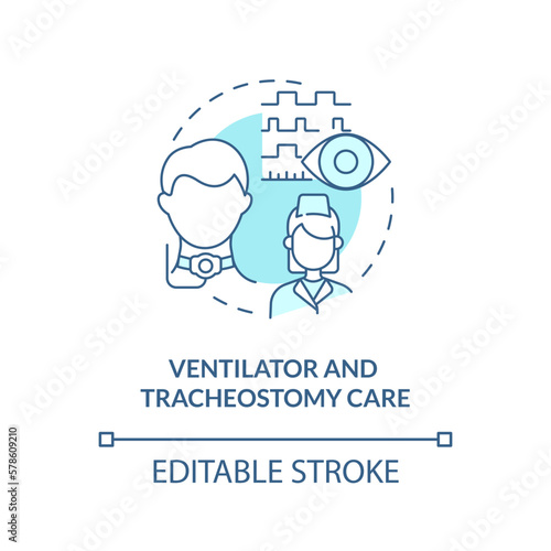 Ventilator and tracheostomy care blue concept icon. Private duty nursing care abstract idea thin line illustration. Isolated outline drawing. Editable stroke. Arial, Myriad Pro-Bold fonts used