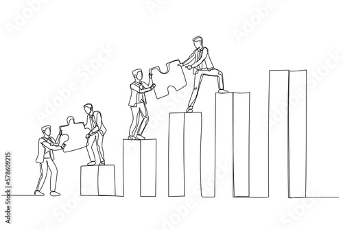 Cartoon of businessman and team bring puzzle to the top. Concept of teamwork. One line art style