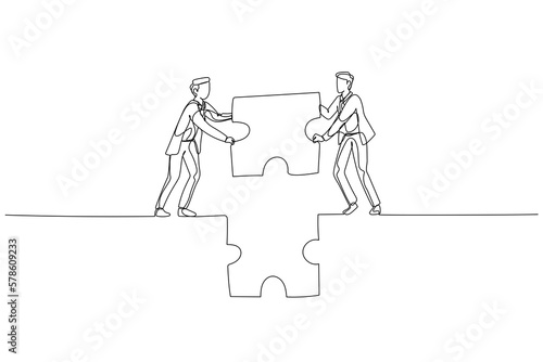 Illustration of businessman and partner hold puzzle and try to make bridge. Concept of cooperation. Single continuous line art style