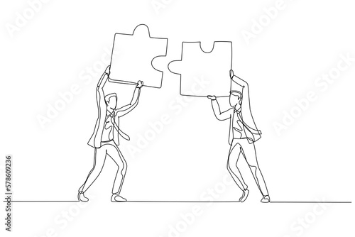 Cartoon of businessman hold puzzle in the head try to connect puzzle. Concept of partnership. Single line art style