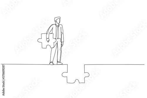 Illustration of businessman holding puzzle try to connect the road. Concept of ambition. Single line art style