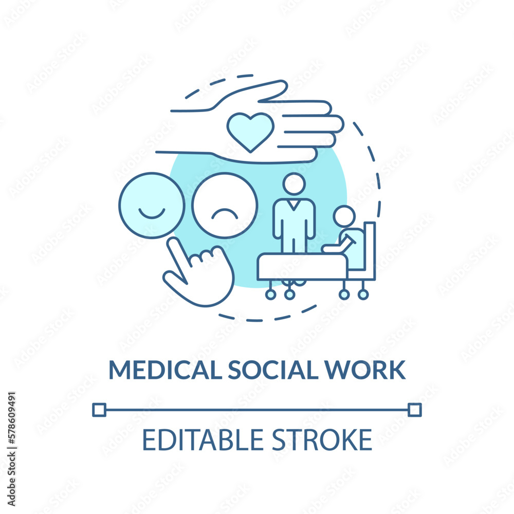 Medical social work blue concept icon. Skilled service provider. Home health care abstract idea thin line illustration. Isolated outline drawing. Editable stroke. Arial, Myriad Pro-Bold fonts used