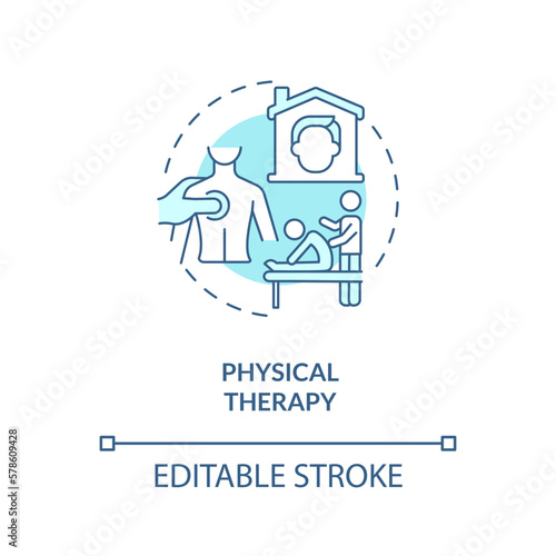 Physical therapy blue concept icon. Relieve pain. Home health care service abstract idea thin line illustration. Isolated outline drawing. Editable stroke. Arial, Myriad Pro-Bold fonts used