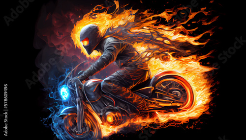 Portrait of Ghost Rider with motorcycle with flames, generative ai