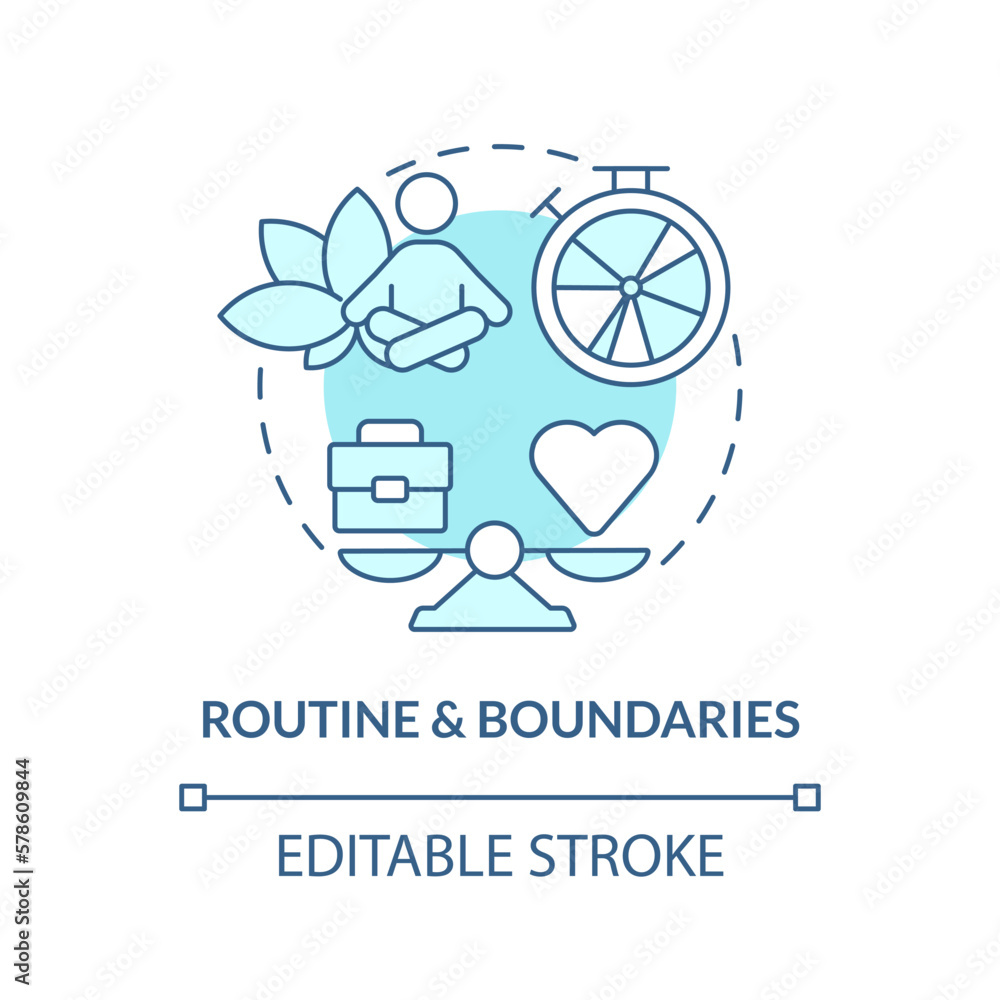 Routine and boundaries blue concept icon. Work, life balance. Workplace wellbeing abstract idea thin line illustration. Isolated outline drawing. Editable stroke. Arial, Myriad Pro-Bold fonts used Routine and boundaries blue concept icon. Work, life balance. Workplace wellbeing abstract idea thin line illustration. Isolated outline drawing. Editable stroke. Arial, Myriad Pro-Bold fonts used