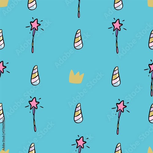 Seamless vector pattern with colored stars of various sizes and magic wand. Childish background for postcards, wallpaper, papers, textiles
