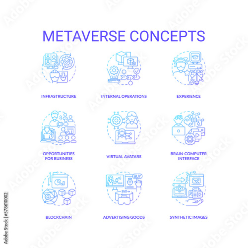 Metaverse blue gradient concept icons set. Technology of virtual reality development idea thin line color illustrations. Isolated symbols. Roboto-Medium, Myriad Pro-Bold fonts used