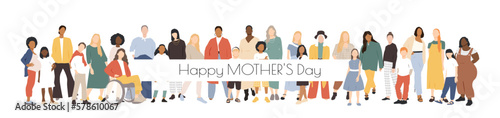 Happy Mother's Day card. Multicultural group of mothers with kids. Flat vector illustration.