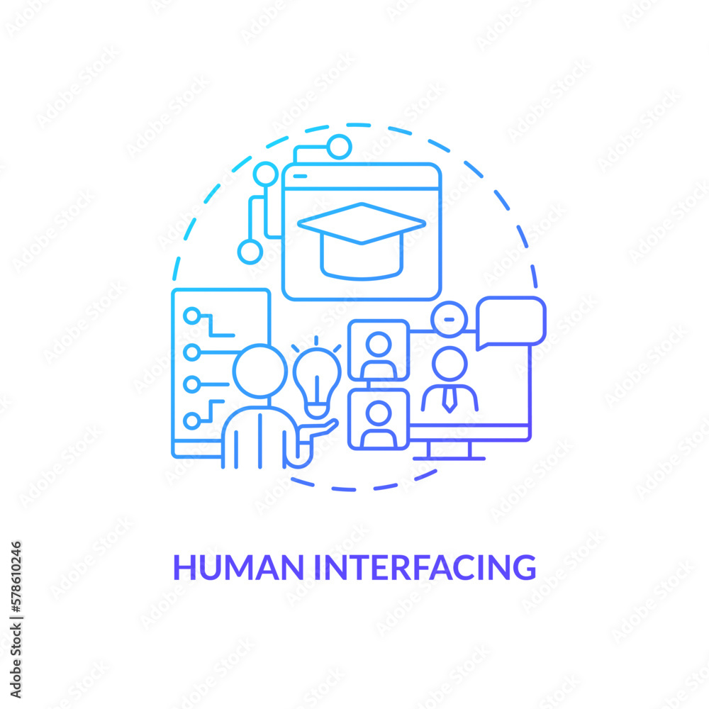 Human interfacing blue gradient concept icon. Hardware for e learning process. Layer of metaverse abstract idea thin line illustration. Isolated outline drawing. Myriad Pro-Bold font used Human interfacing blue gradient concept icon. Hardware for e learning process. Layer of metaverse abstract idea thin line illustration. Isolated outline drawing. Myriad Pro-Bold font used