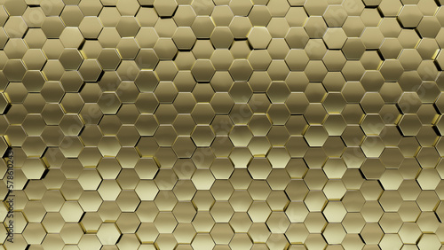 Wallpaper Mural Hexagonal Tiles arranged to create a 3D wall. Polished, Luxurious Background formed from Gold blocks. 3D Render Torontodigital.ca