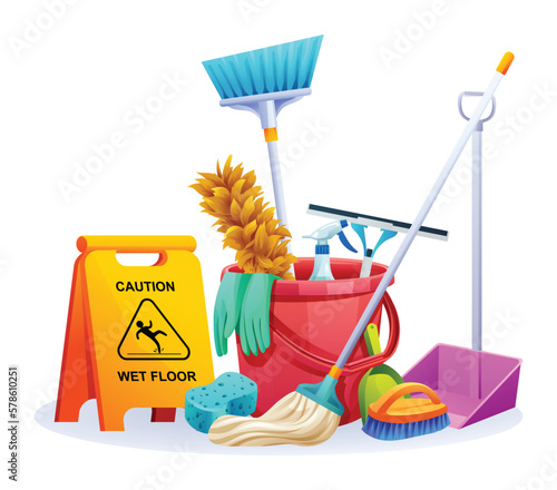 Set of cleaning equipment. House cleaning service tools vector illustration