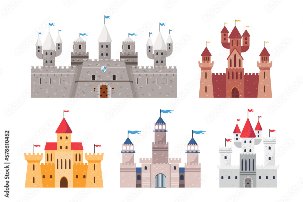 Set of different knight's castles in a cartoon style. Vector illustration of ancient stone castles with towers, gates and flags, coat of arms isolated on white background. Defensive fortresses. - obrazy, fototapety, plakaty 