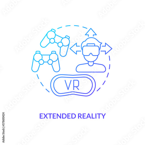 Extended reality blue gradient concept icon. Spatial computing integration. Metaverse technology abstract idea thin line illustration. Isolated outline drawing. Myriad Pro-Bold font used