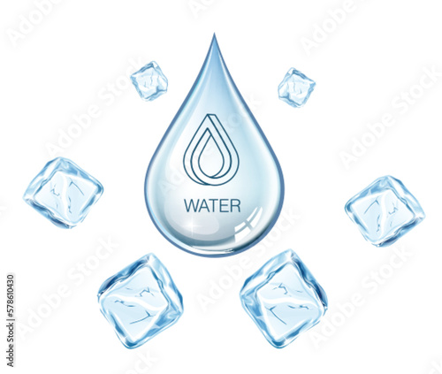 Transparent realistic vector  water drop and ice cubes on light background. Concept of water and ice shape. 