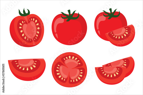 Tomato icon vector illustrations. Fresh and ripe tomato set. Half a tomato, a slice of tomato, whole tomato icon set. Vector illustration