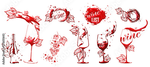 WINE LIST template - Hand drawn elements. Wine design collection for flyers, brochures, invitation cards, advertising banners and menus. Wine stains and sketch vector illustration. Brilliant colors.
