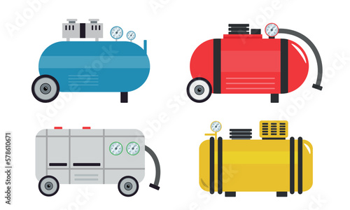 Set of colored air compressors isolated on white background. Vector illustration of different compressors for cars in cartoon style. Compressor icons.
