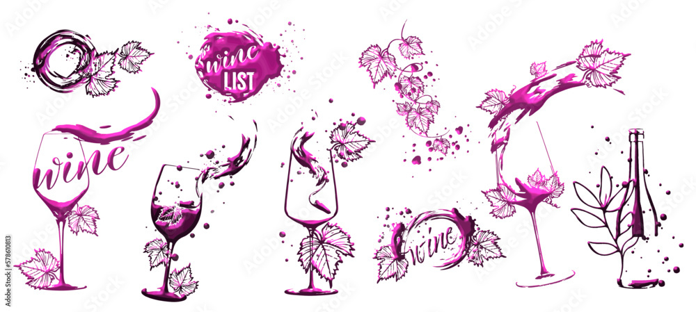 WINE LIST template - Hand drawn elements. Wine design collection for flyers, brochures, invitation cards, advertising banners and menus. Wine stains and sketch vector illustration. Brilliant colors.