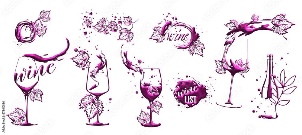 WINE LIST template - Hand drawn elements. Wine design collection for ...