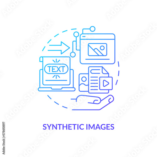 Synthetic images blue gradient concept icon. Computer produced models. AI generated media type abstract idea thin line illustration. Isolated outline drawing. Myriad Pro-Bold font used