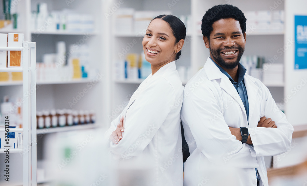Pharmacists, people and arms crossed in portrait, medicine trust or about us healthcare in medical drugstore collaboration. Smile, happy and confident pharmacy teamwork in retail consulting or help Pharmacists, people and arms crossed in portrait, medicine trust or about us healthcare in medical drugstore collaboration. Smile, happy and confident pharmacy teamwork in retail consulting or help