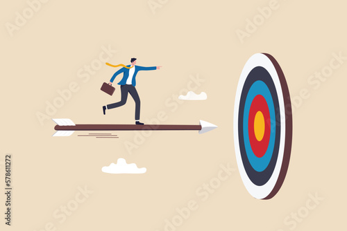 Aiming to hit business goal or target, skill or focus to achieve success, aspiration or performance, purpose or objective concept, confidence businessman on arrow bow aiming to hit target bullseye.