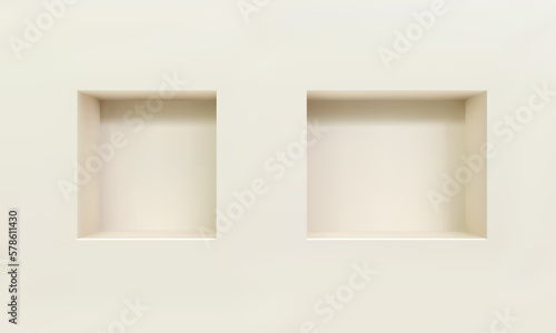 Two empty niches or shelf on white wall 3D mockup. Shop, gallery plastic or wooden showcase to present product. Blank retail storage space. Interior design furniture. Living room bookshelf