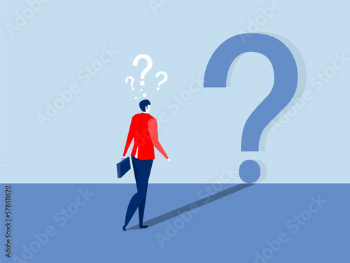 businessman looking at self shadow as question mark sign ,Confusion olution to solve problem concept on blue background flat vector illustration.