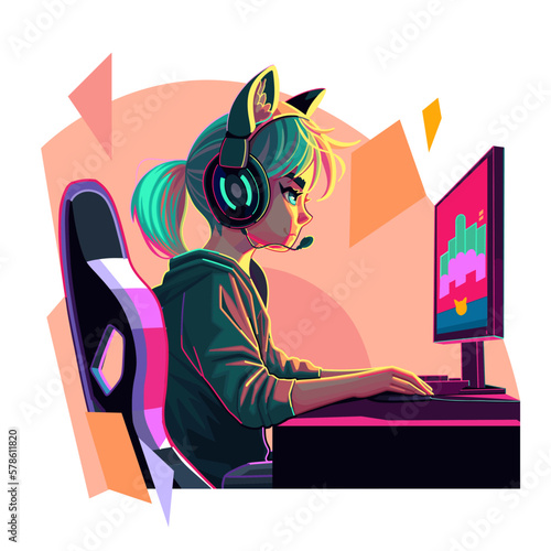 Girl gamer or streamer with a headset sits in front of a computer