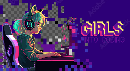 Girl programmer with a headset sits in front of a computer