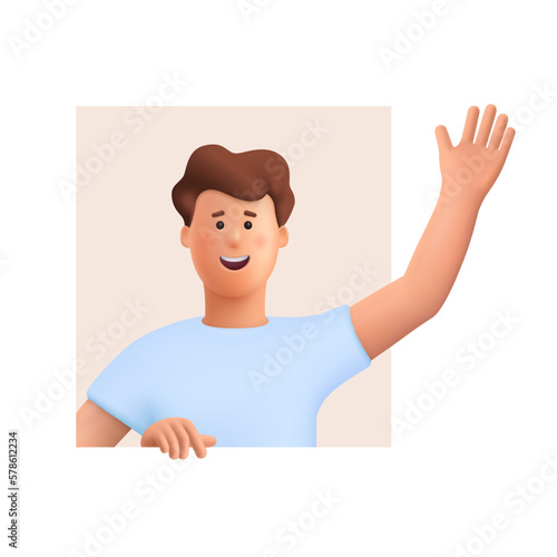 Young smiling man with greeting gesture, saying Hello, Hi or Bye and waving with hand. 3d vector people character illustration. Cartoon minimal style.