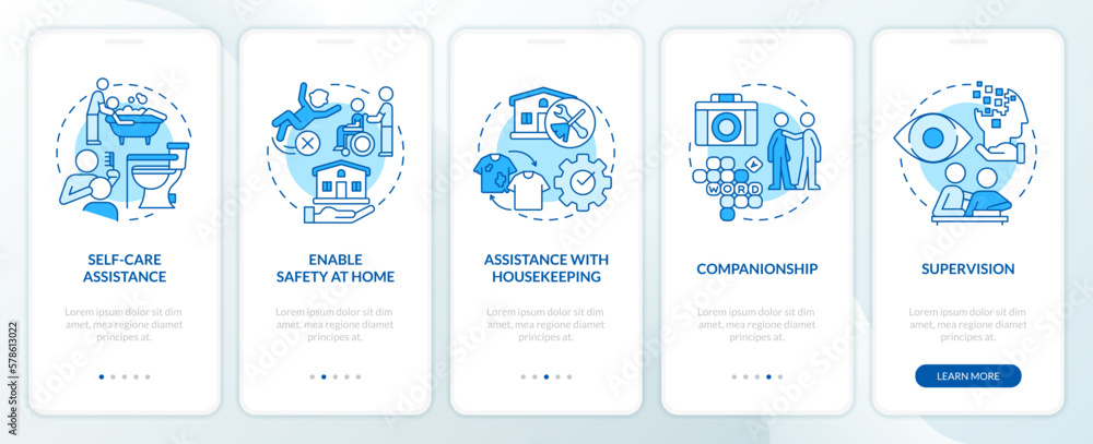 Personal care, assistance services blue onboarding mobile app screen. Walkthrough 5 steps editable graphic instructions with linear concepts. UI, UX, GUI template. Myriad Pro-Bold, Regular fonts used Personal care, assistance services blue onboarding mobile app screen. Walkthrough 5 steps editable graphic instructions with linear concepts. UI, UX, GUI template. Myriad Pro-Bold, Regular fonts used