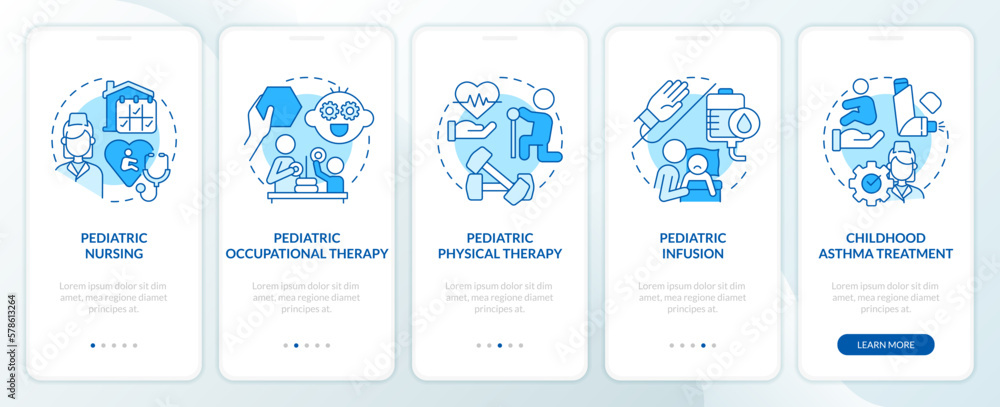 Pediatric home health care blue onboarding mobile app screen. Walkthrough 5 steps editable graphic instructions with linear concepts. UI, UX, GUI template. Myriad Pro-Bold, Regular fonts used