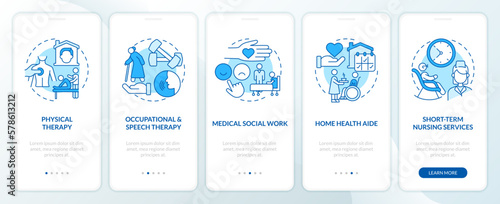 Home health care services blue onboarding mobile app screen. Walkthrough 5 steps editable graphic instructions with linear concepts. UI, UX, GUI template. Myriad Pro-Bold, Regular fonts used © bsd studio