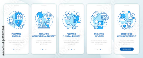 Pediatric home health care blue onboarding mobile app screen. Walkthrough 5 steps editable graphic instructions with linear concepts. UI, UX, GUI template. Myriad Pro-Bold, Regular fonts used