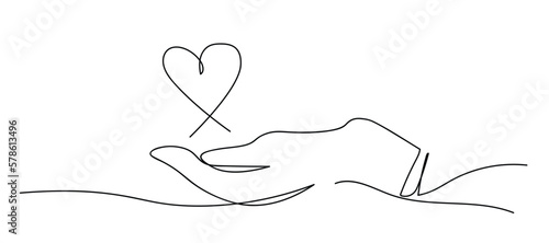 Continuous one line drawing. hand holding heart on white background. Black thin line hand with heart drawing.	