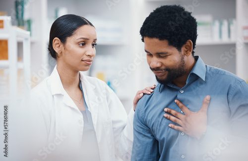 Pharmacist  woman or comforting sick patient in healthcare  wellness or medical trust help in life insurance  cardiology or anxiety. Pharmacy  worker or employee and ill customer in pain consulting
