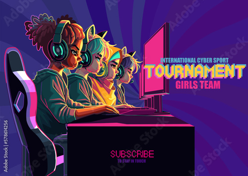 Team of diverse girls gamers or streamers sitting in front of a computers in a headsets.