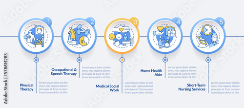Home health care services blue circle infographic template. Data visualization with 5 steps. Editable timeline info chart. Workflow layout with line icons. Lato-Bold, Regular fonts used