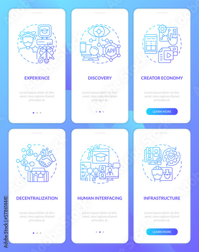 Layers of metaverse technology blue gradient onboarding mobile app screens set. Walkthrough 3 steps graphic instructions with linear concepts. UI, UX, GUI template. Myriad Pro-Bold, Regular fonts used