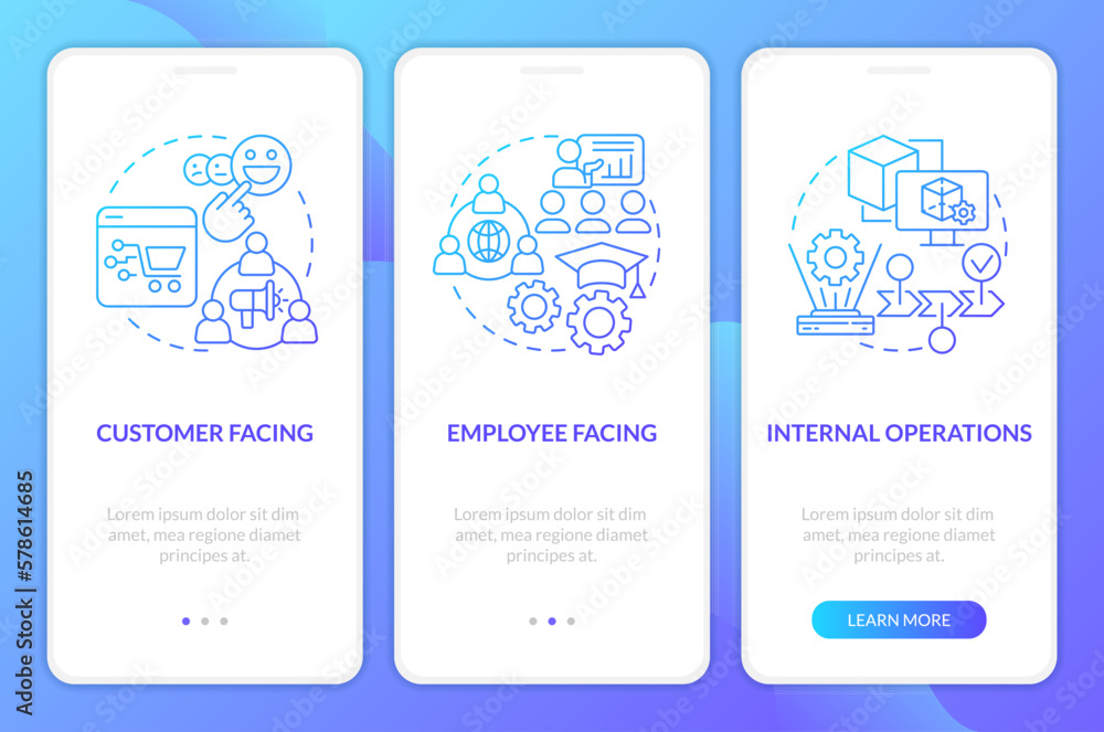 Metaverse categories blue gradient onboarding mobile app screen. VR walkthrough 3 steps graphic instructions with linear concepts. UI, UX, GUI template. Myriad Pro-Bold, Regular fonts used