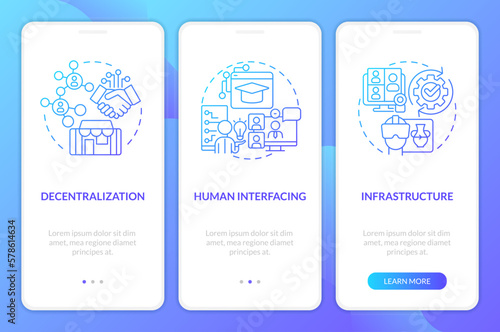 Layers of metaverse blue gradient onboarding mobile app screen. Cyberspace walkthrough 3 steps graphic instructions with linear concepts. UI, UX, GUI template. Myriad Pro-Bold, Regular fonts used