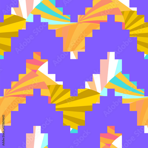 Abstract seamless chevron pattern in pixel art style with inclusions of gradient geometric radiant structures.