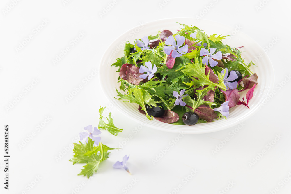 Mix salad with baby spinach, mizuna salad, bull's blood sprouts, edible flowers and olives on a white plate, top front view Mix salad with baby spinach, mizuna salad, bull's blood sprouts, edible flowers and olives on a white plate, top front view