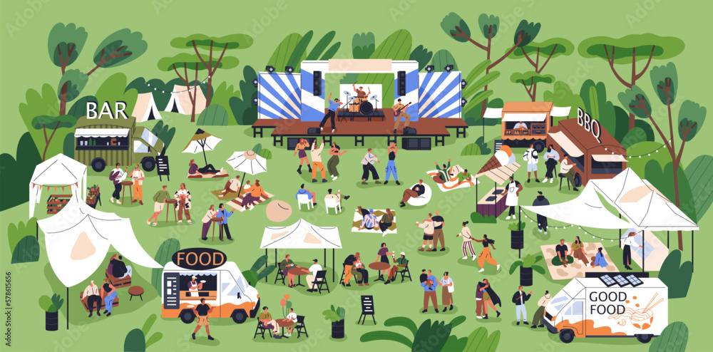 Music festival, open-air concert with outdoor stage, live performance, dancing people in nature, food trucks and tents. Summer public entertainment party, picnic in park. Flat vector illustration - obrazy, fototapety, plakaty 