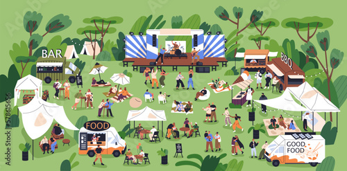 Tableau sur toile Music festival, open-air concert with outdoor stage, live performance, dancing people in nature, food trucks and tents