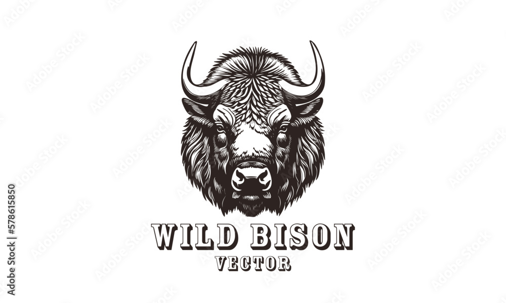 Vector huge horned head of wild bison or buffalo. Logo, icon or sticker. White isolated background.