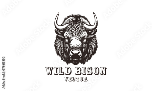 Vector huge horned head of wild bison or buffalo. Logo, icon or sticker. White isolated background.